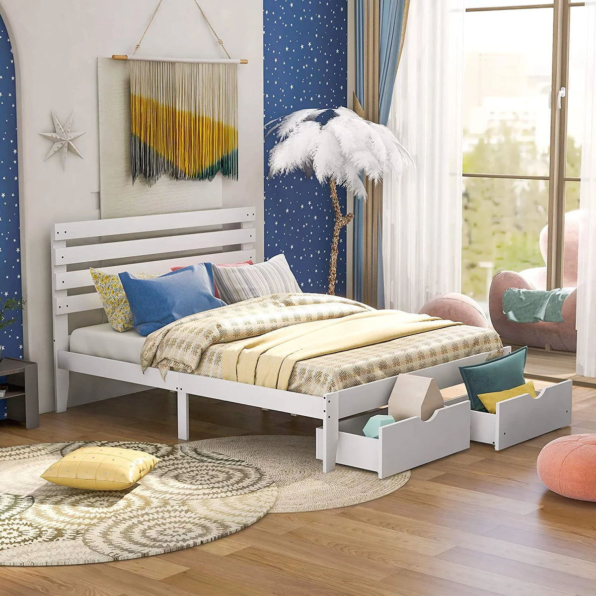 White Twin Wood Platform Bed with Storage Drawer L875591