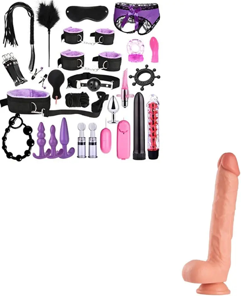 26 pc Leather Bed Restraints Kit and 10.2 Inch Silicone Dildo Z293907