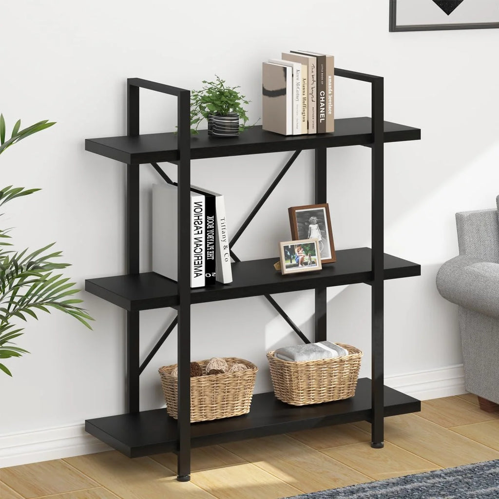 Black 3 Tier Metal Wooden Bookshelf M195262