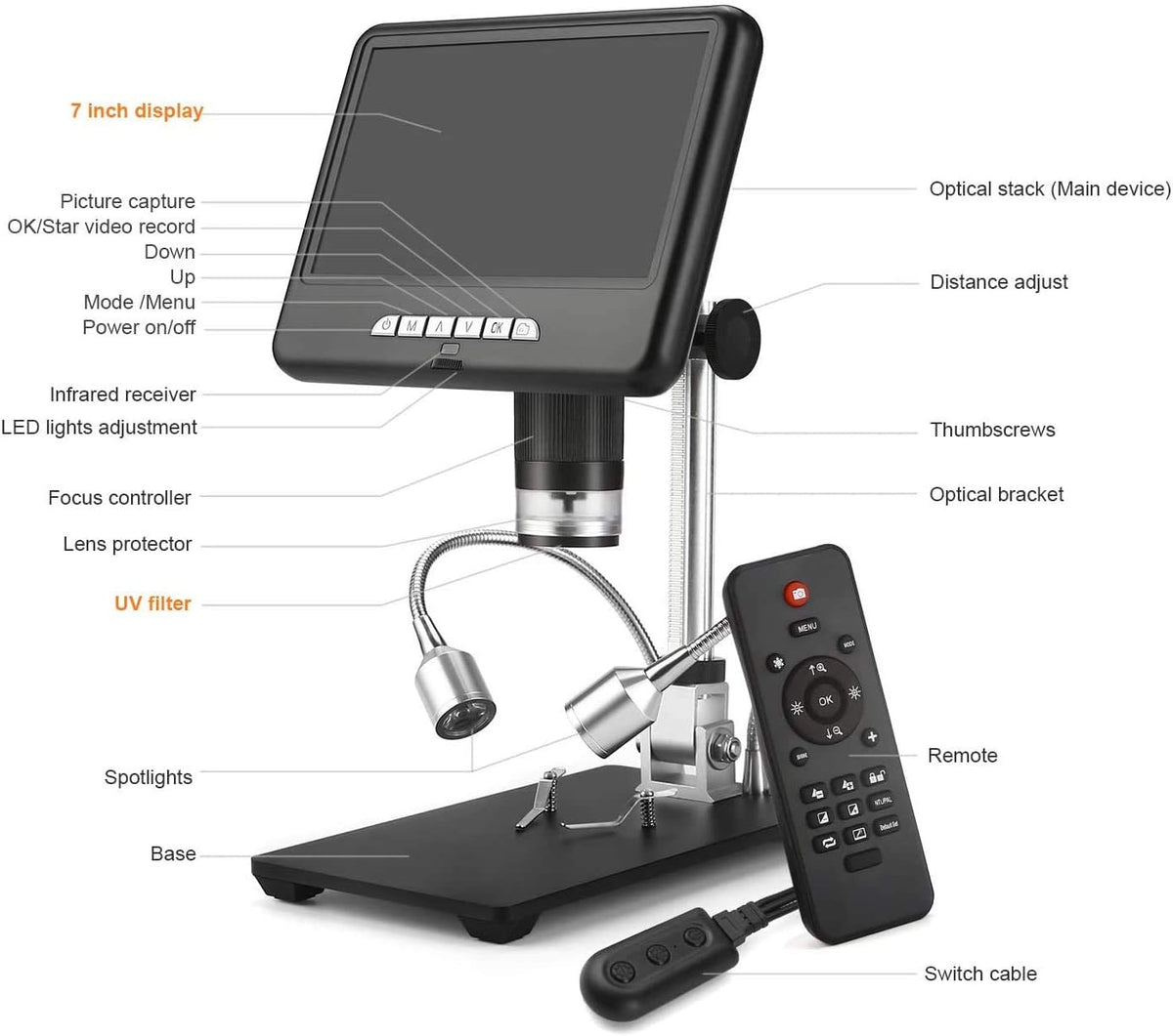Digital Microscope with 7-inch LCD Screen, 200X Magnification I45151