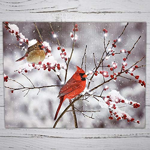 LED Cardinals Canvas Print Lighted Picture with Cardinal Couple and Holiday Berries S299827
