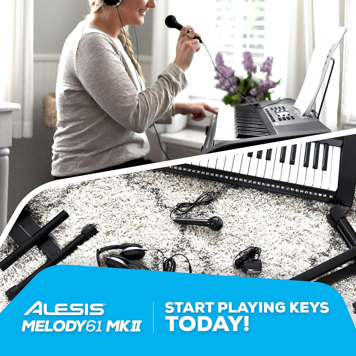 61 Key Keyboard Piano with 300 Sounds, Speakers, Digital Piano Stand, Bench, Headphones, Microphone X98084