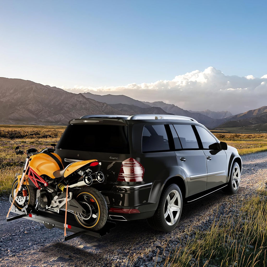 Heavy Duty Steel Motorcycle Carrier with Loading Ramp, Wheel Chock & 2 Straps N54503