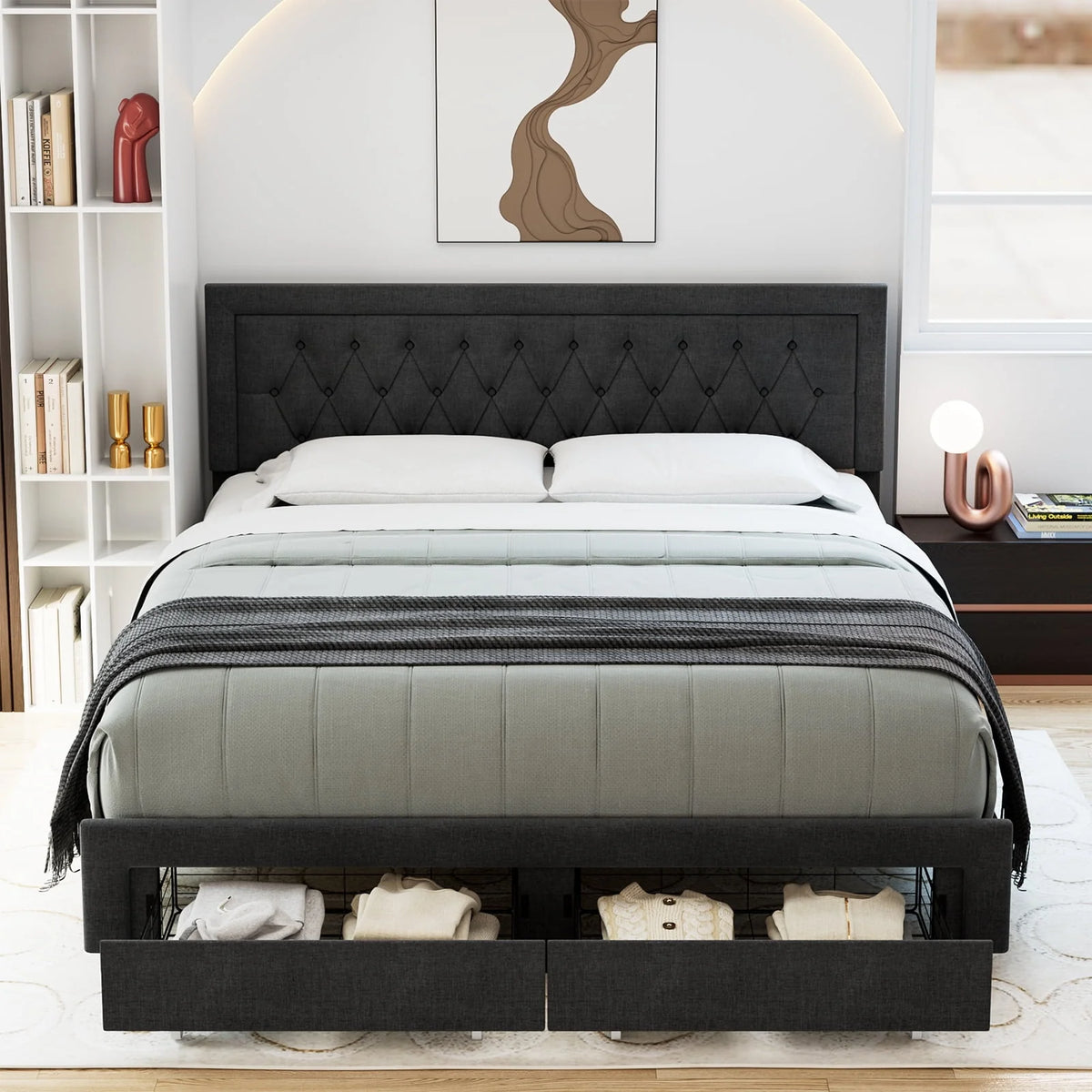 Queen Size 2 Drawers PU Leather Upholstered Platform Bed E155