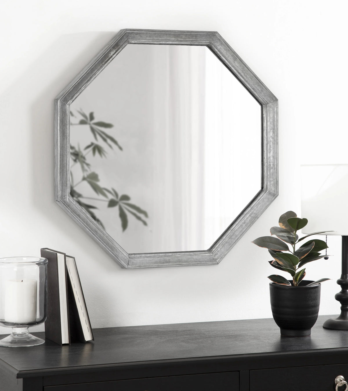 Vintage Galvanized Metal Octagon Wall Mirror, 26 x 26, Silver S675