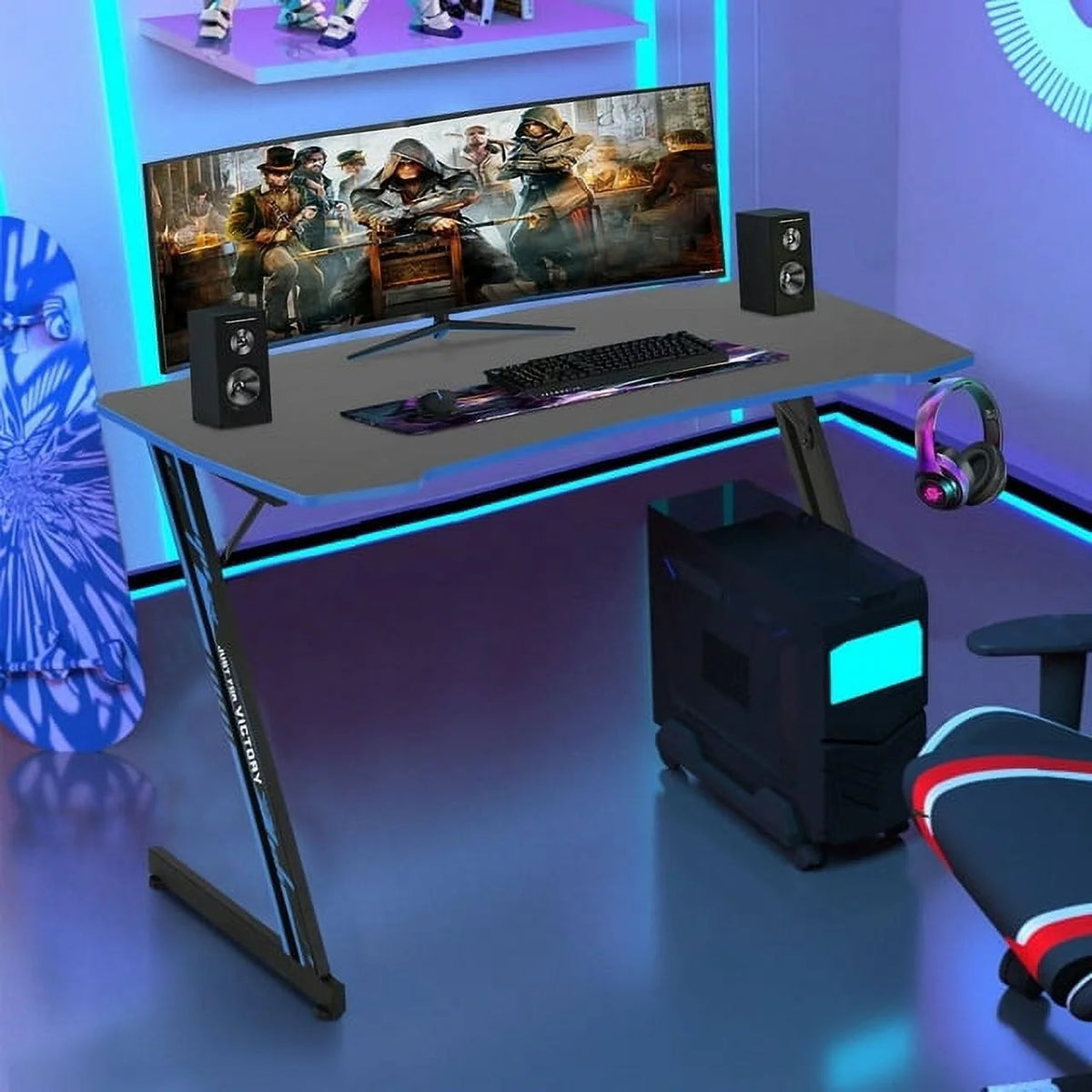 48 Inch Z-shape Gaming Desk with Headphone Hook B8940