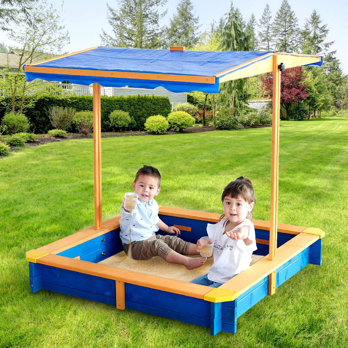 Wooden Outdoor Kids Sandbox with Canopy T23915