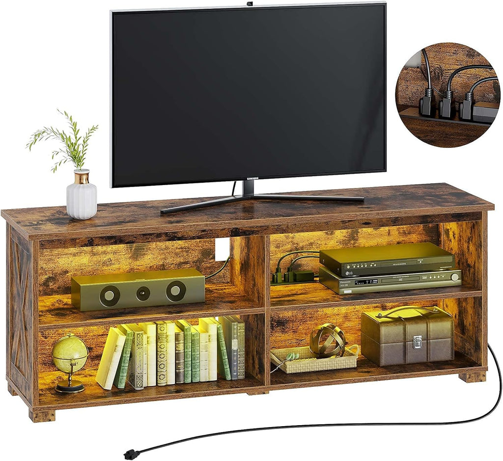 Rustic Brown TV Stand with Power Outlet and LED Lights I7903