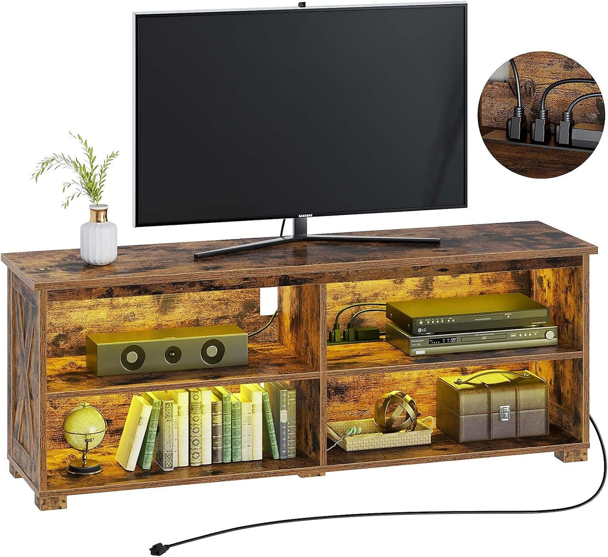 Rustic Brown TV Stand with Power Outlet and LED Lights I7903