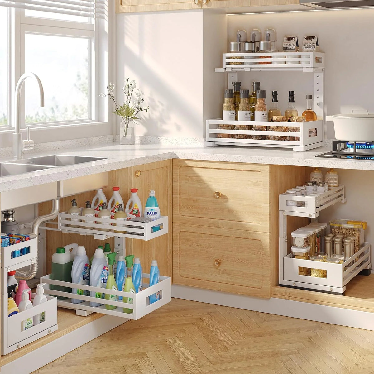 2-Pack 2-Tier L Shape Pull Out Cabinet Organizer With Round Tube Slide Rails, White Z1298