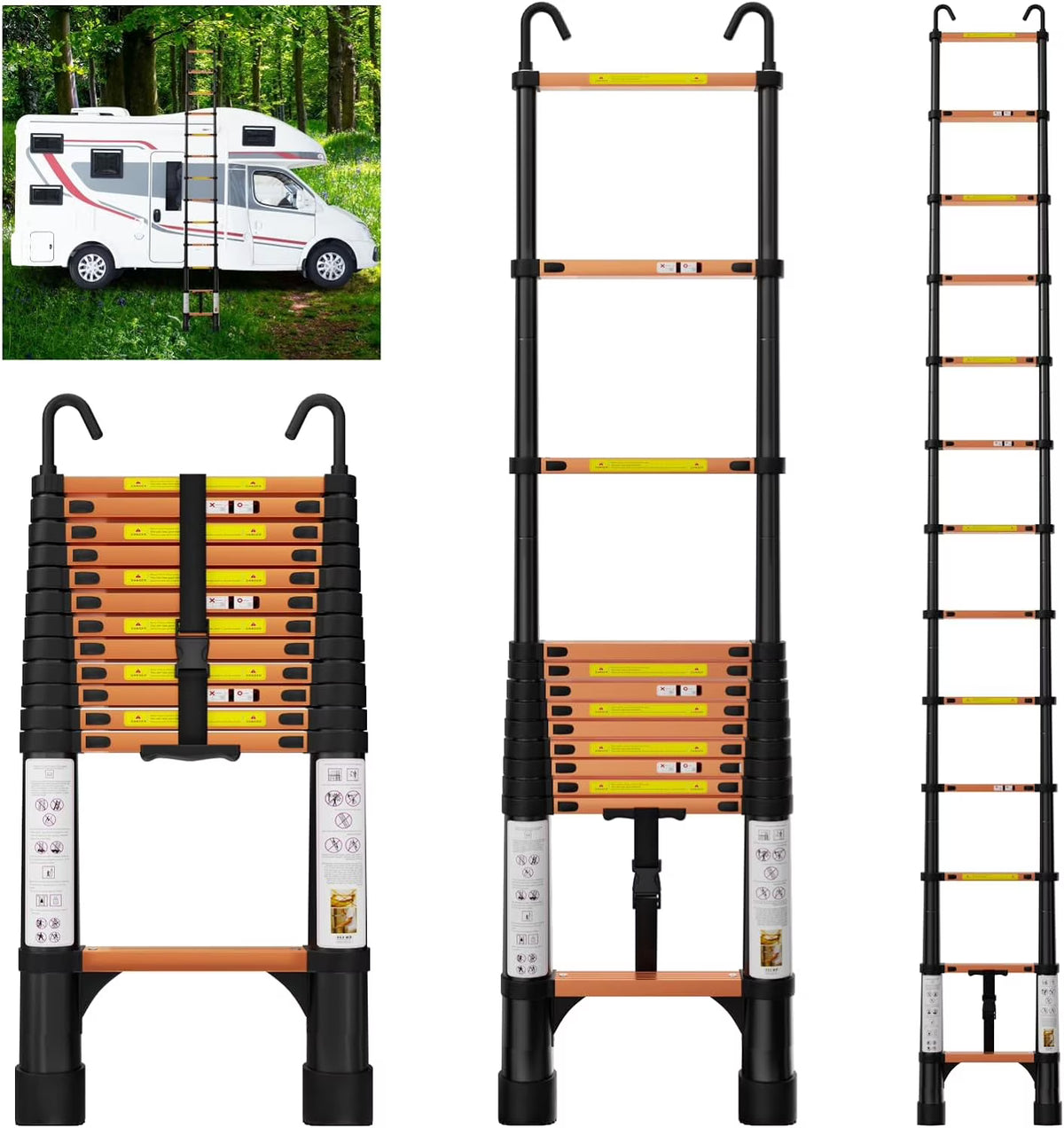 12.5FT Aluminum Telescoping Extension Ladder with Hooks & Stabilizers, 330lbs Capacity, Orange & Black Z8913