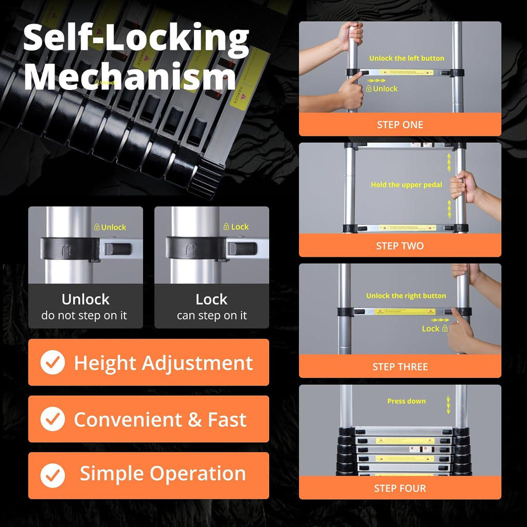 12.5FT Aluminum Telescoping Extension Ladder with Hooks & Stabilizers, 330lbs Capacity, Orange & Black Z8913