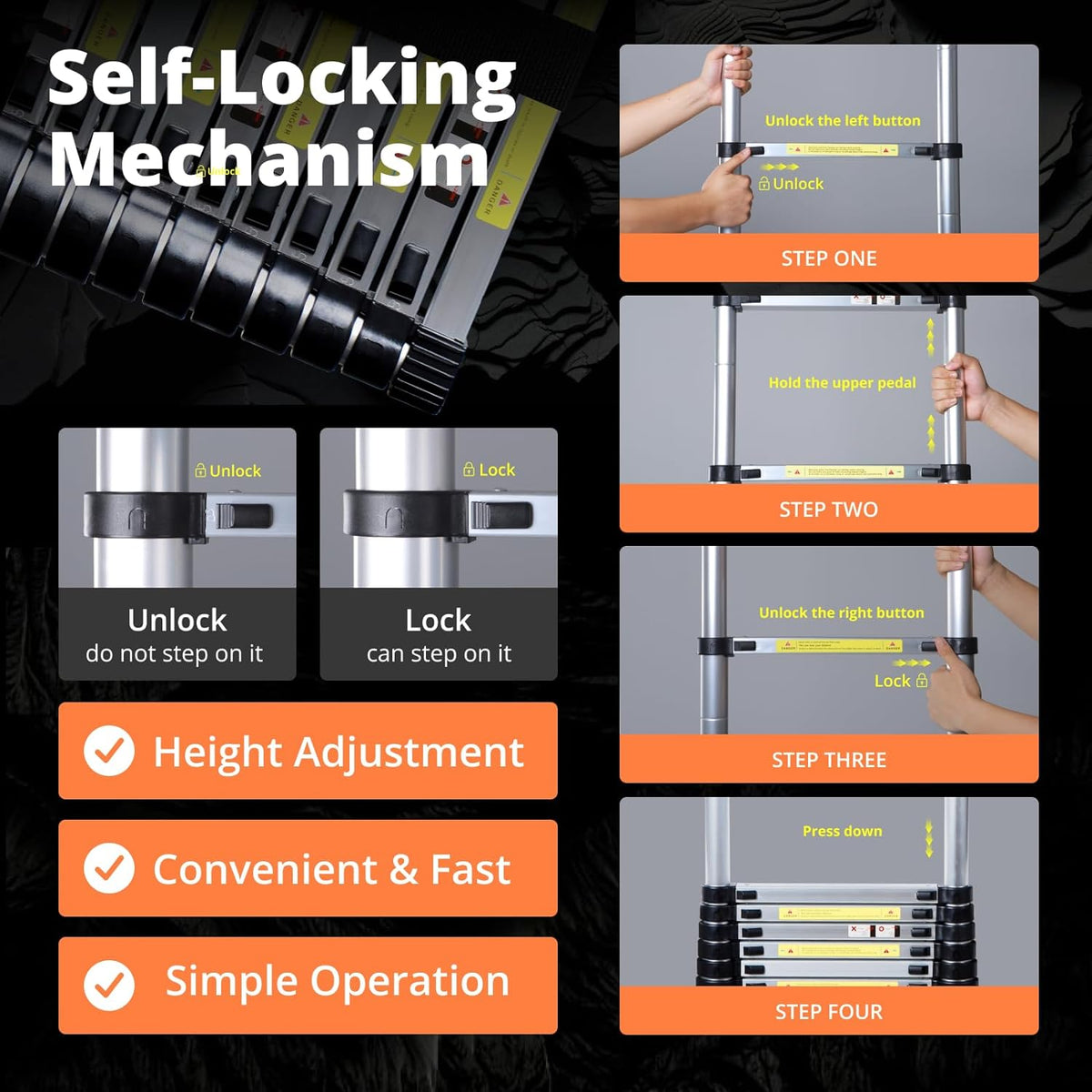 12.5FT Aluminum Telescoping Extension Ladder with Hooks & Stabilizers, 330lbs Capacity, Orange & Black Z8913