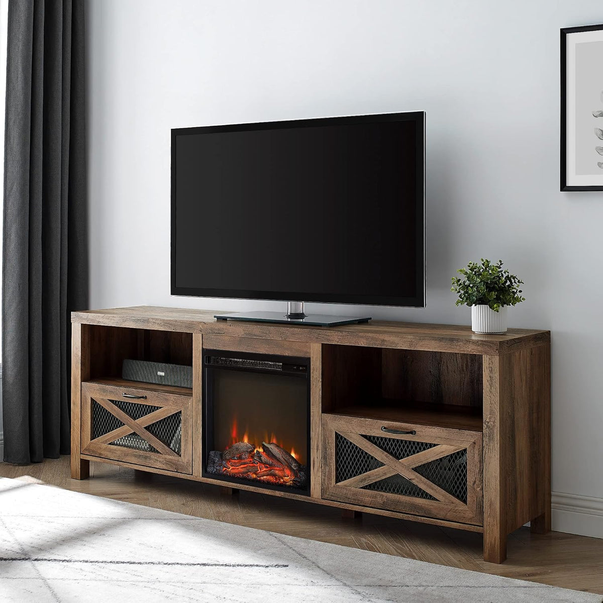 70 Inch Stone Grey Metal and Wood Fireplace TV Stand J1543