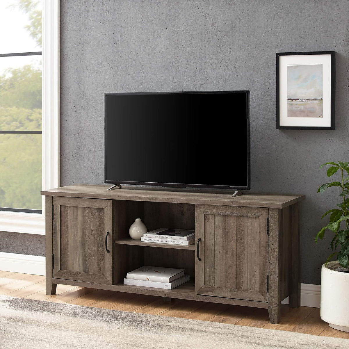 70 Inch Stone Grey Metal and Wood Fireplace TV Stand J1543