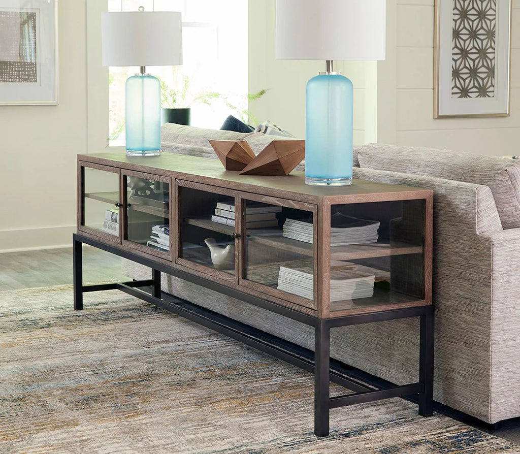 88-inch Glass Oak Display Console with Metal Base H535776
