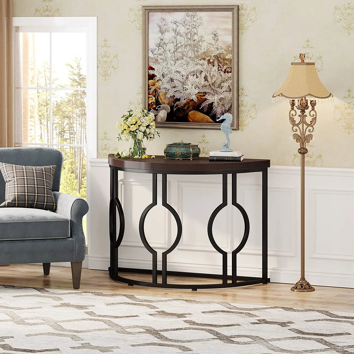 Half Moon Console Table with Geometric Base Q40105