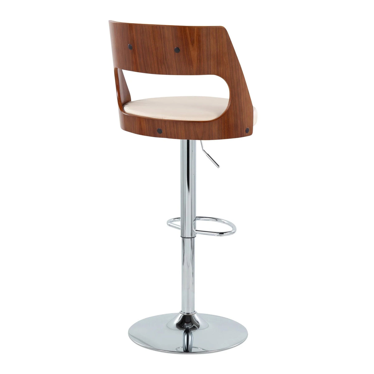 Set of 2 Adjustable Height Barstool with Swivel in Chrome Metal, Walnut Wood, and Cream Faux Leather A506