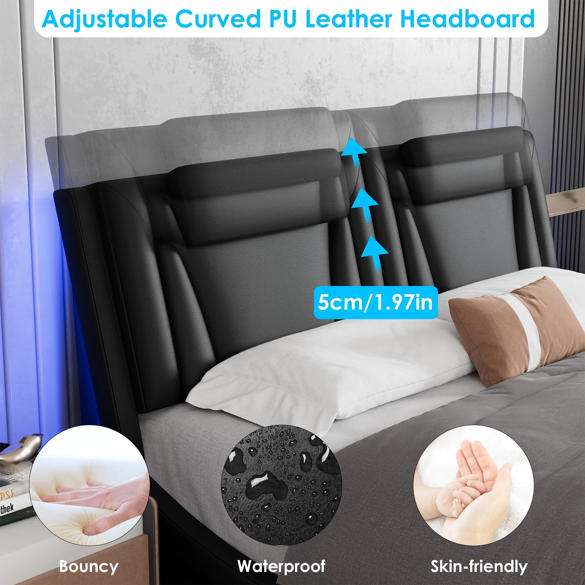 Queen LED PU Leather Upholstered Platform Bed with Adjustable Headboard J557875