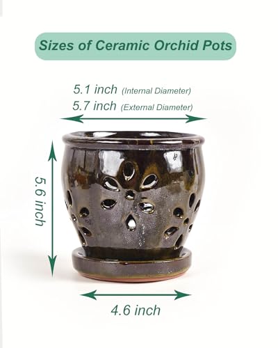 Olive Green 5 Inch Ceramic Orchid Pots with Holes and Saucers B7566