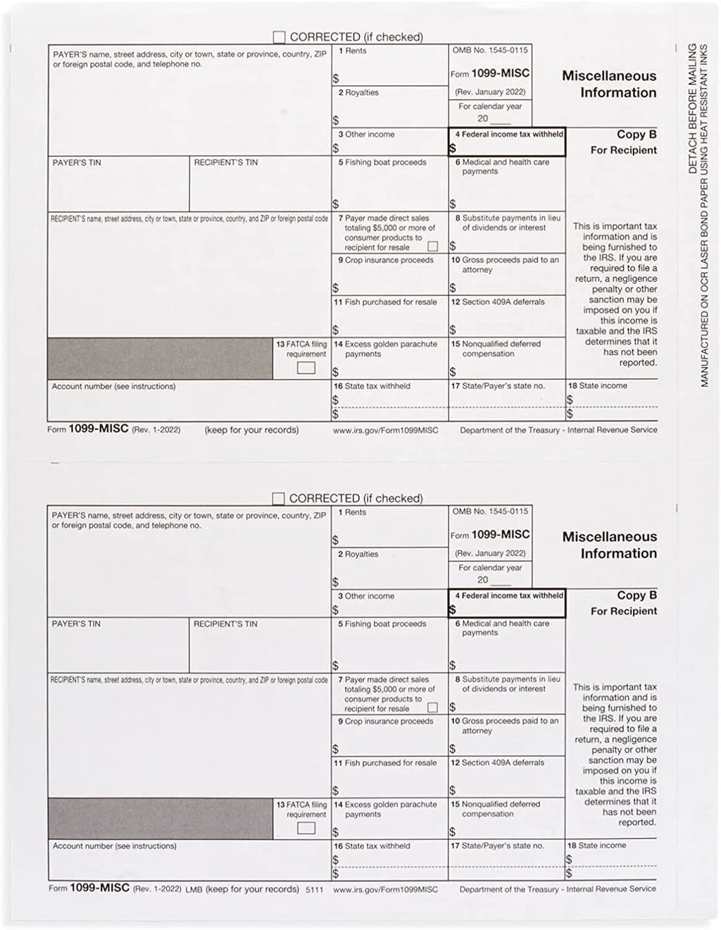 1099 Misc Forms 2022, 4 Part Laser Tax Forms, 25-Pack Q709758