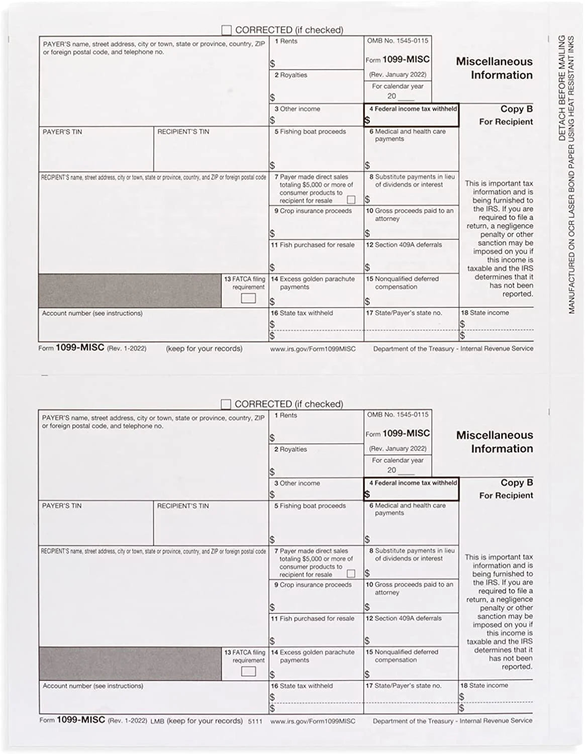 1099 Misc Forms 2022, 4 Part Laser Tax Forms, 25-Pack Q709758