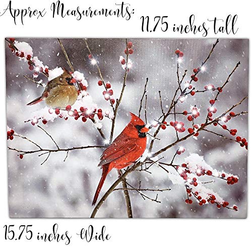 LED Cardinals Canvas Print Lighted Picture with Cardinal Couple and Holiday Berries S299827