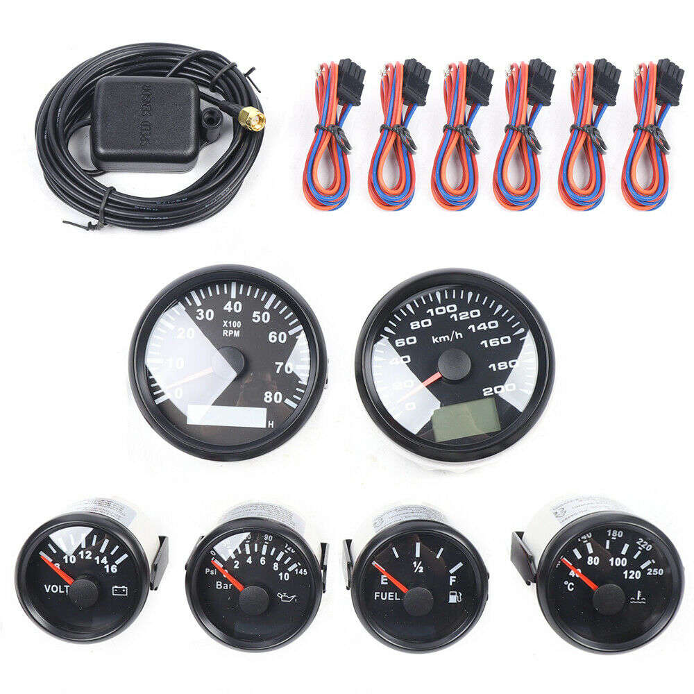 Black 6 Gauge Set Digital Speedometer Tacho Fuel Level Gauge Water Temp Volts Oil Pressure B373