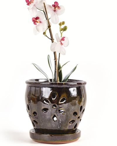 Olive Green 5 Inch Ceramic Orchid Pots with Holes and Saucers B7566