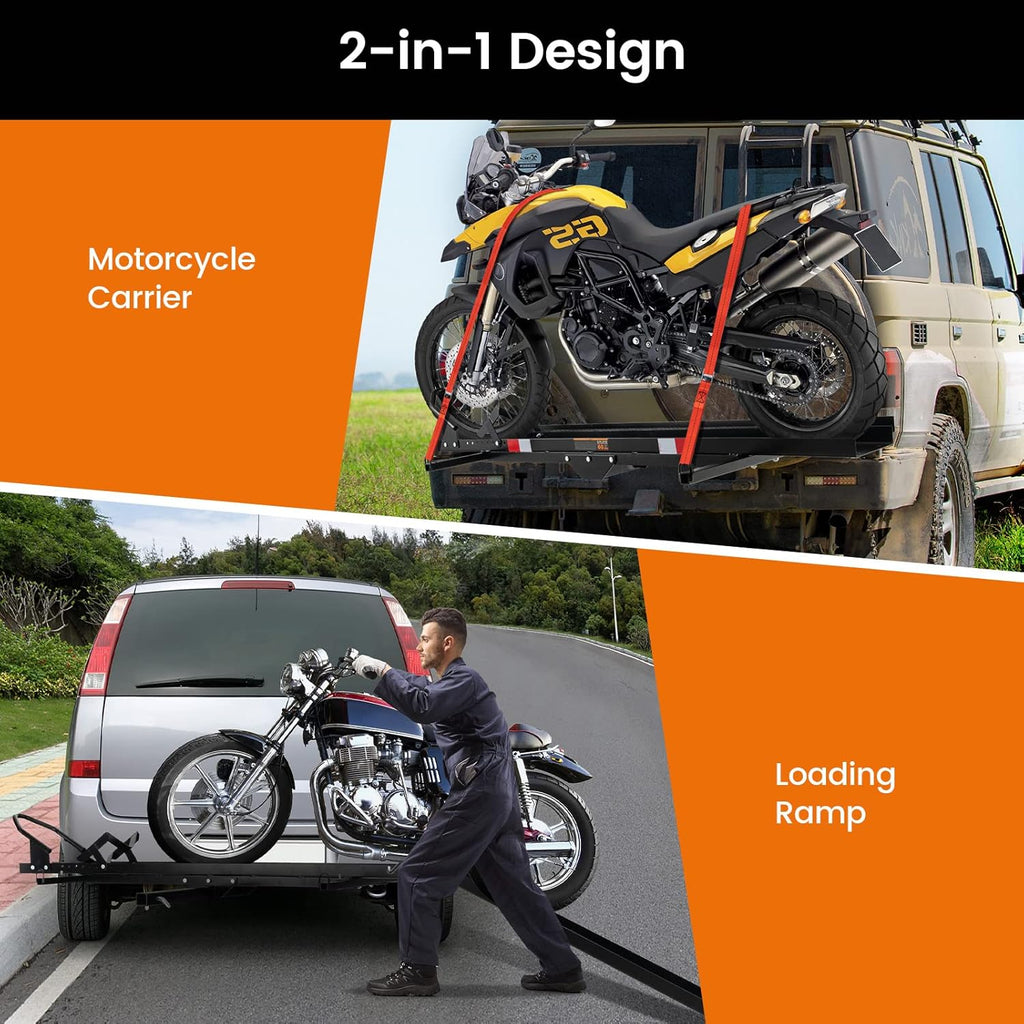 Heavy Duty Steel Motorcycle Carrier with Loading Ramp, Wheel Chock & 2 Straps N54503