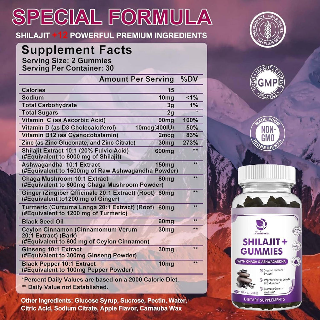 (2 Pack) Shilajit Gummies with Ashwagandha, Black Seed Oil, Vitamin C D3 B12 & Zinc, Sugar Free U338