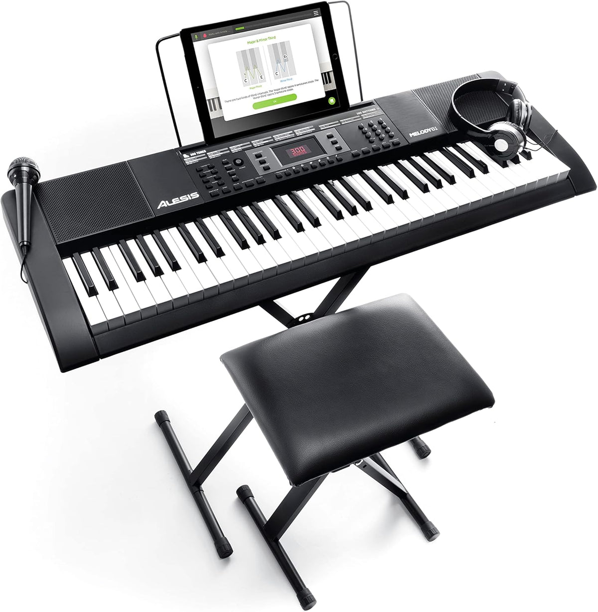 61 Key Keyboard Piano with 300 Sounds, Speakers, Digital Piano Stand, Bench, Headphones, Microphone X98084