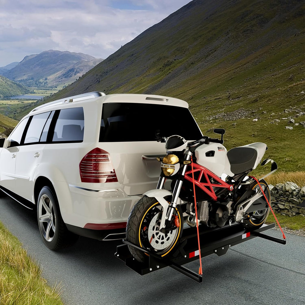 Heavy Duty Steel Motorcycle Carrier with Loading Ramp, Wheel Chock & 2 Straps N54503