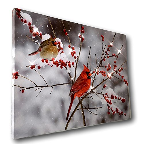 LED Cardinals Canvas Print Lighted Picture with Cardinal Couple and Holiday Berries S299827
