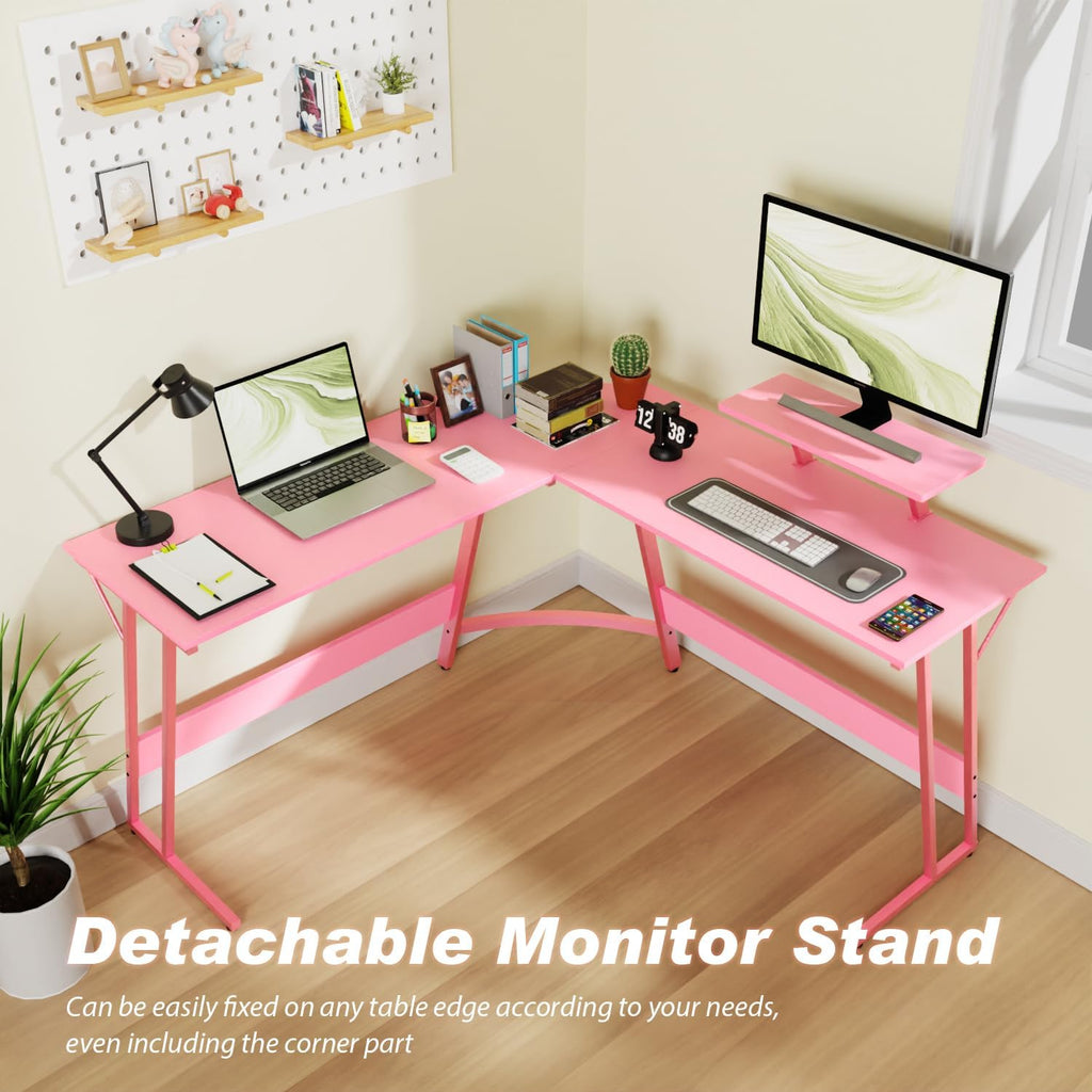 Pink 50.4 Inch L Shaped Corner Computer Desk with Monitor Stand J128