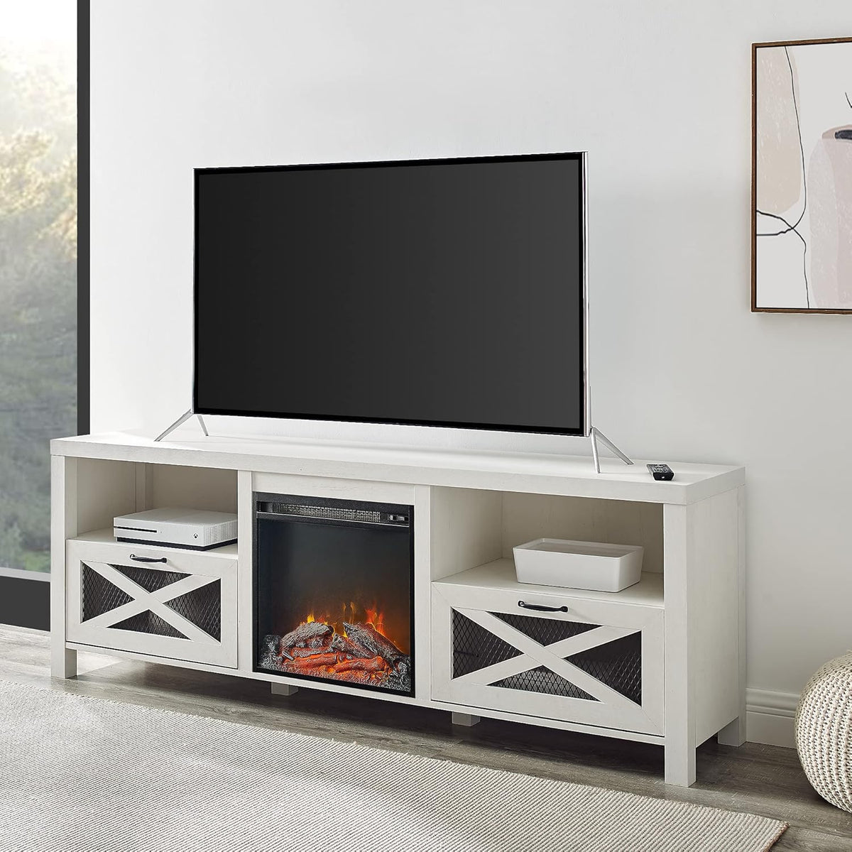 70 Inch Stone Grey Metal and Wood Fireplace TV Stand J1543