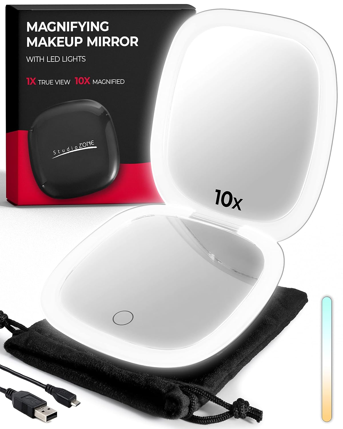 Compact Mirror with Light, 10X Magnifying, USB Rechargeable with 3 Color LED O429644