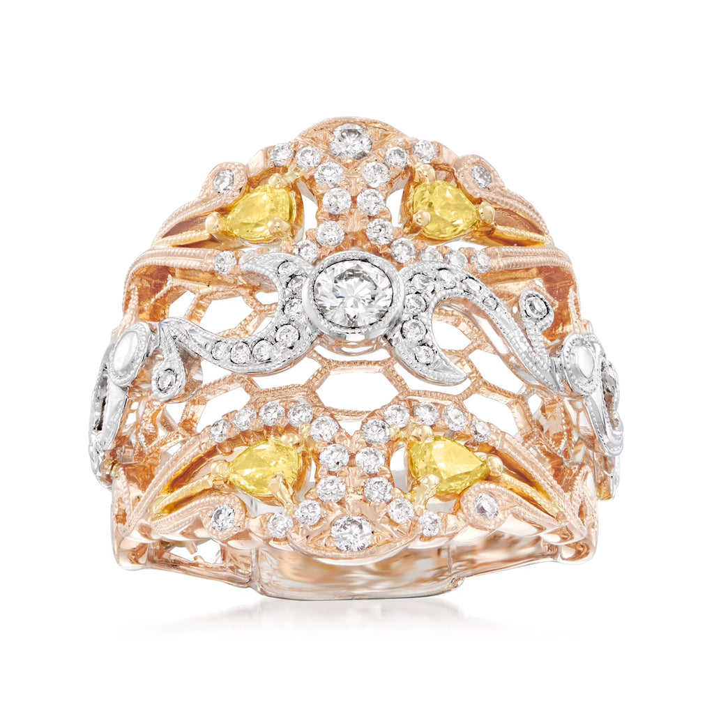 18kt 2-Tone Gold White and Yellow Diamond Honeycomb Ring I504