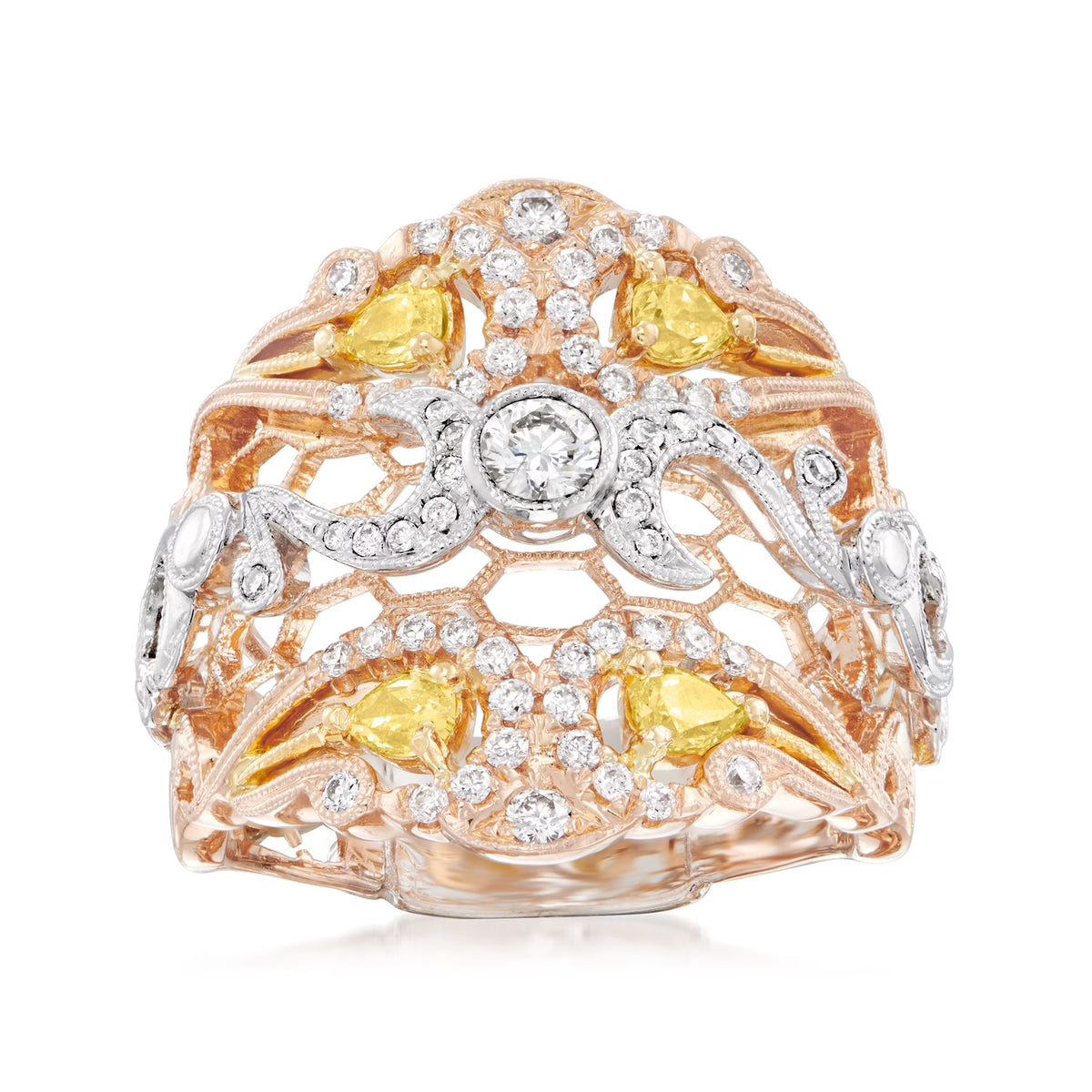 18kt 2-Tone Gold White and Yellow Diamond Honeycomb Ring I504