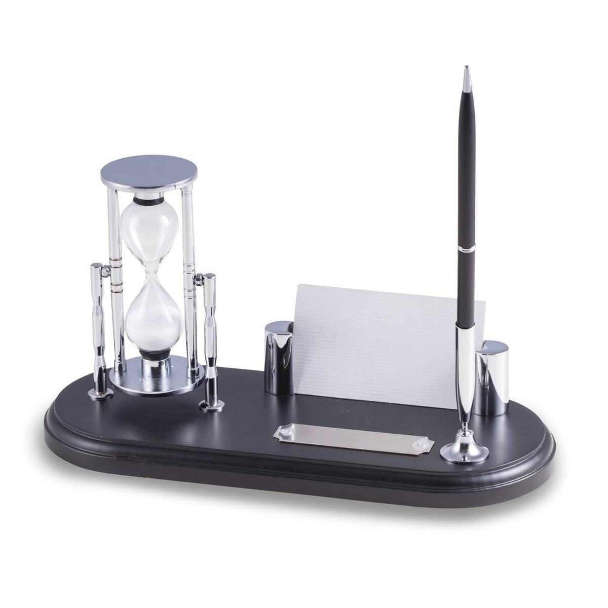 Black Wood Pen Stand with Sand Timer and Card Holder H26104