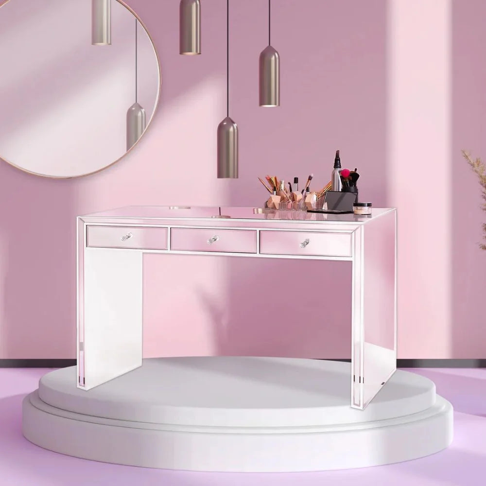 White Mirrored Vanity Table with 3 Pull Out Storage Drawers W71507