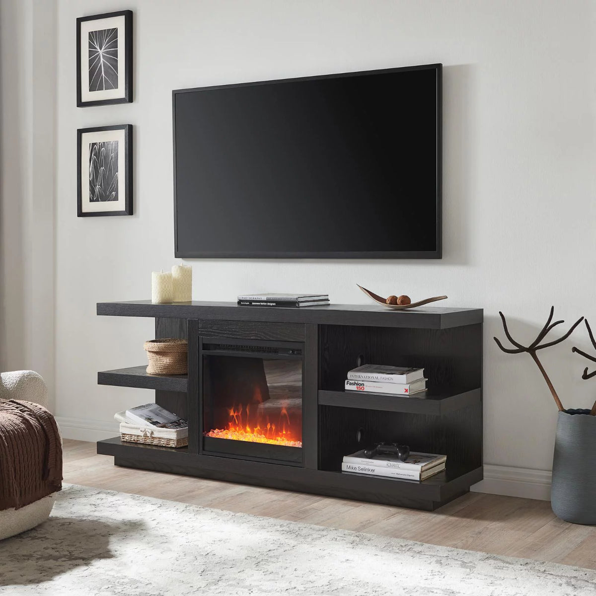 Charcoal Gray Rectangular TV Stand with Crystal Fireplace X598977