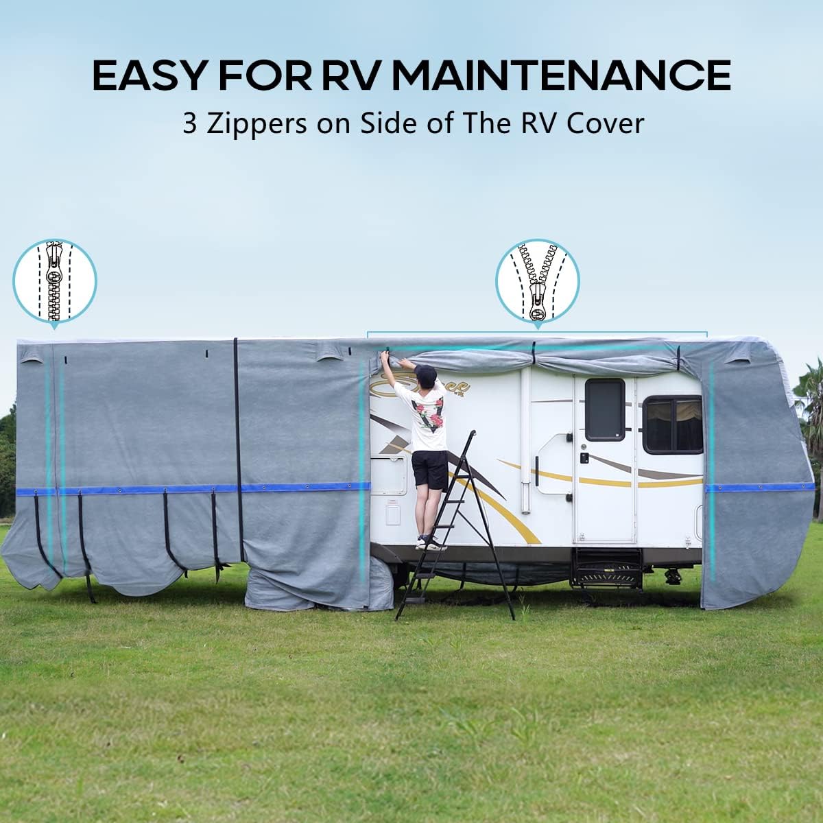 RV Cover, Extra-Thick 6-ply, Fits 40 - 43Ft Motorhome, with 2 Windproof Straps, 4 Tire Covers W946597