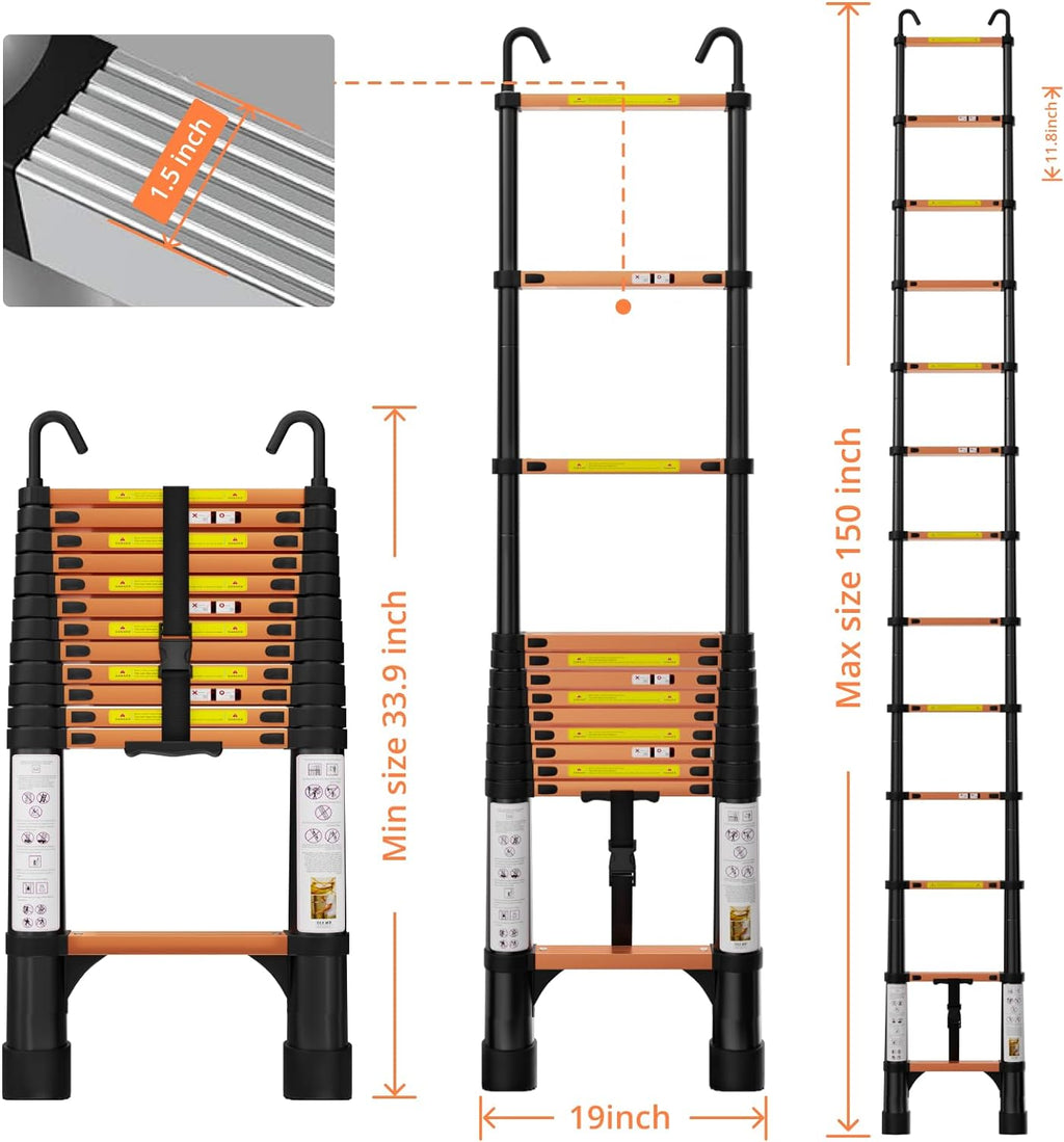 12.5FT Aluminum Telescoping Extension Ladder with Hooks & Stabilizers, 330lbs Capacity, Orange & Black Z8913