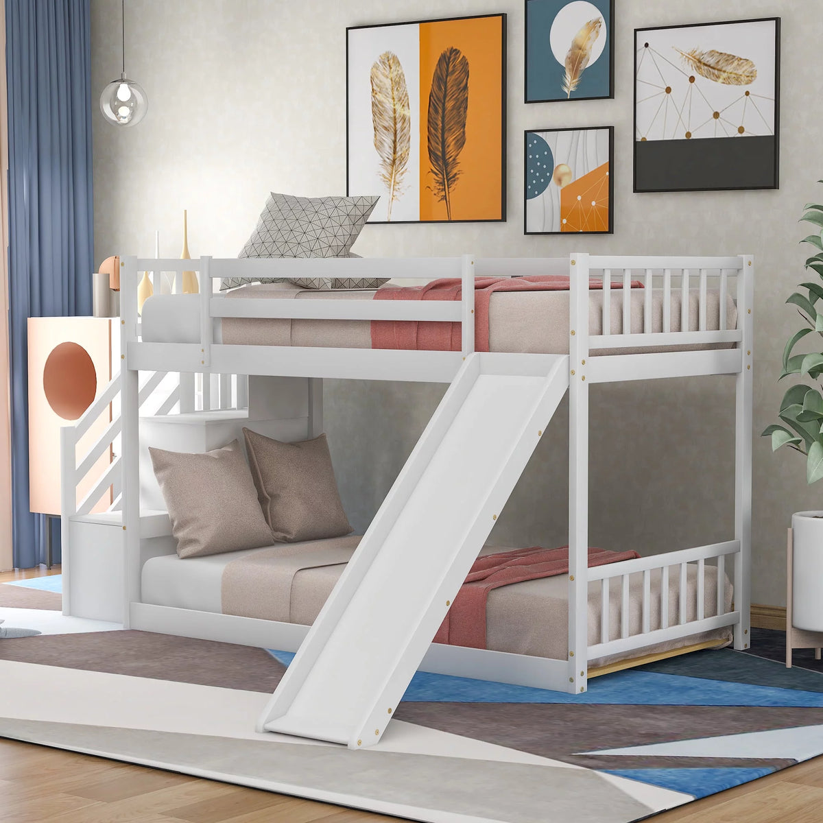Twin Over Twin Bunk Bed with Slide and Stairs U2300