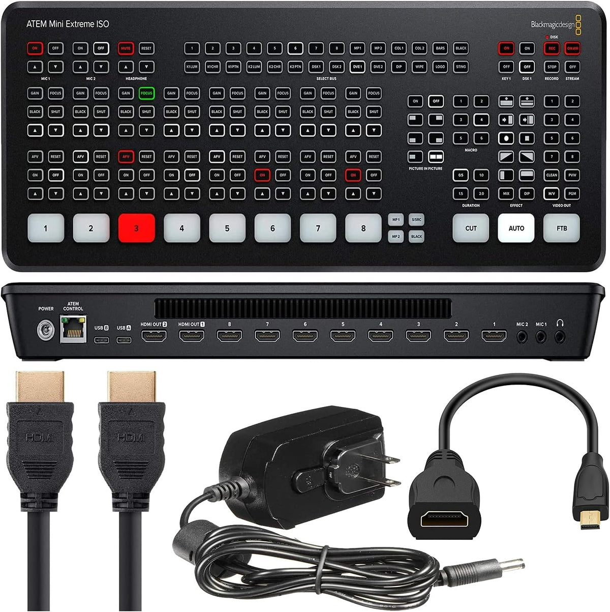 ATEM Mini Extreme ISO HDMI Live Streaming Switcher with 12V Power Supply, International Adapters & Standard HDMI Cable P408444