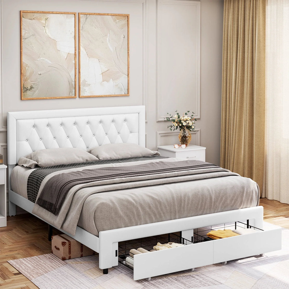 Queen Size 2 Drawers PU Leather Upholstered Platform Bed E155