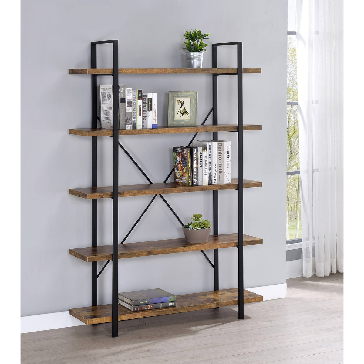 Antique Nutmeg and Black 5-Shelf Bookcase N4984